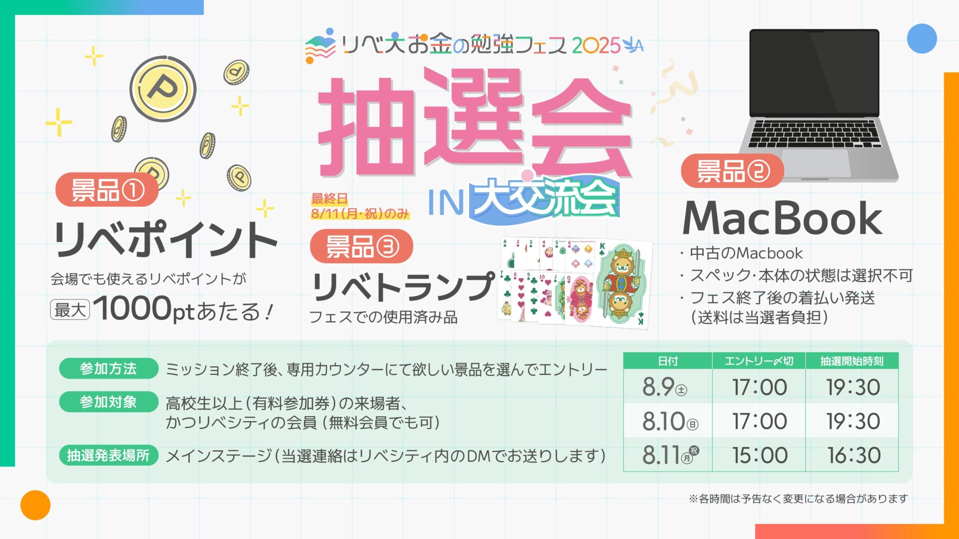 リベ大お金の勉強フェス2025 抽選会IN大交流会 最終日8月11日(月・祝)のみ 景品①リベポイント 開場でも使えるリベポイントが最大1000ptあたる! 景品②MacBook 中古のMacBook スペック・本体の状態は選択不可 フェス終了後の着払い発送(送料は当選者負担) 景品③リベトランプ フェスでの使用済み品 参加方法 ミッション終了後、専用カウンターにて欲しい景品を選んでエントリー 参加対象 高校生以上(有料参加券)の来場者、かつリベシティの会員(無料会員でも可) 抽選発表場所 メインステージ(当選連絡はリベシティ内のDMでお送りします) 8月9日(土)・8月10日(日)のエントリー〆切は17:00、抽選開始時刻は19:30 8月11日(月・祝)のエントリー〆切は15:00、抽選開始時刻は16:30 ※各時間は予告なく変更になる場合があります。